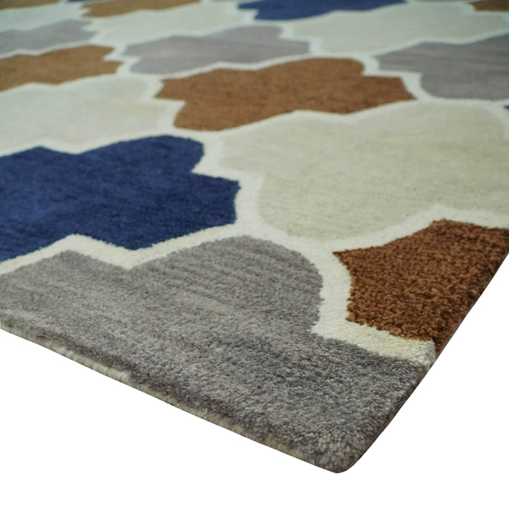 6x9 Ivory, Blue, Brown and Silver Ikat Pattern Hand Tufted Wool Area Rug - The Rug Decor