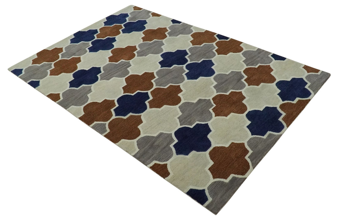 6x9 Ivory, Blue, Brown and Silver Ikat Pattern Hand Tufted Wool Area Rug - The Rug Decor