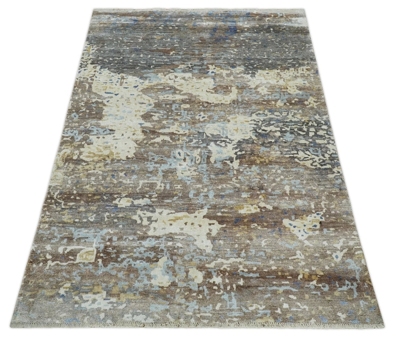 6x9 Ivory, Charcoal and Silver Modern Abstract Hand Knotted Wool Area Rug - The Rug Decor