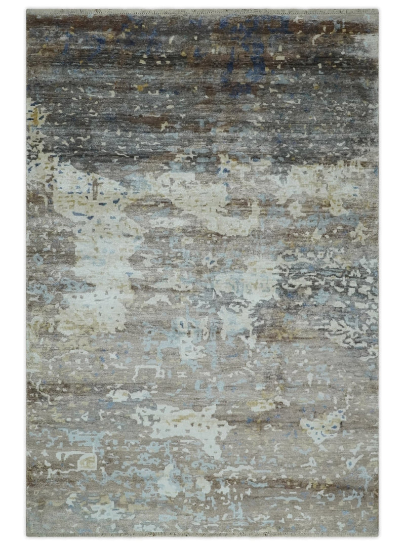 6x9 Ivory, Charcoal and Silver Modern Abstract Hand Knotted Wool Area Rug - The Rug Decor