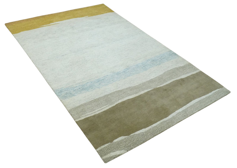 6x9 Ivory, Gold and Olive Stripes Pattern Hand Tufted Wool Area Rug - The Rug Decor