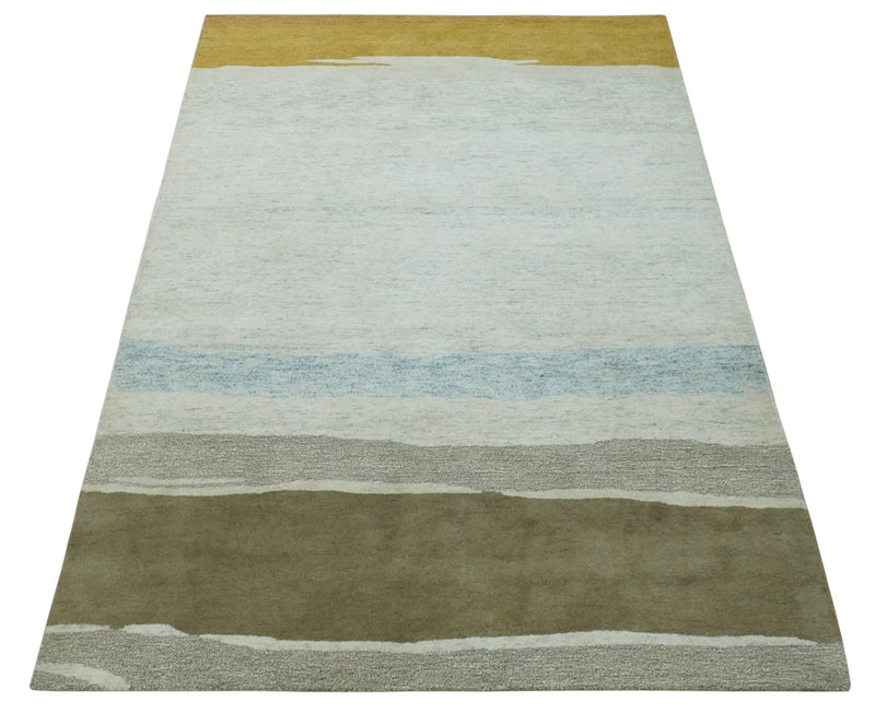 6x9 Ivory, Gold and Olive Stripes Pattern Hand Tufted Wool Area Rug - The Rug Decor