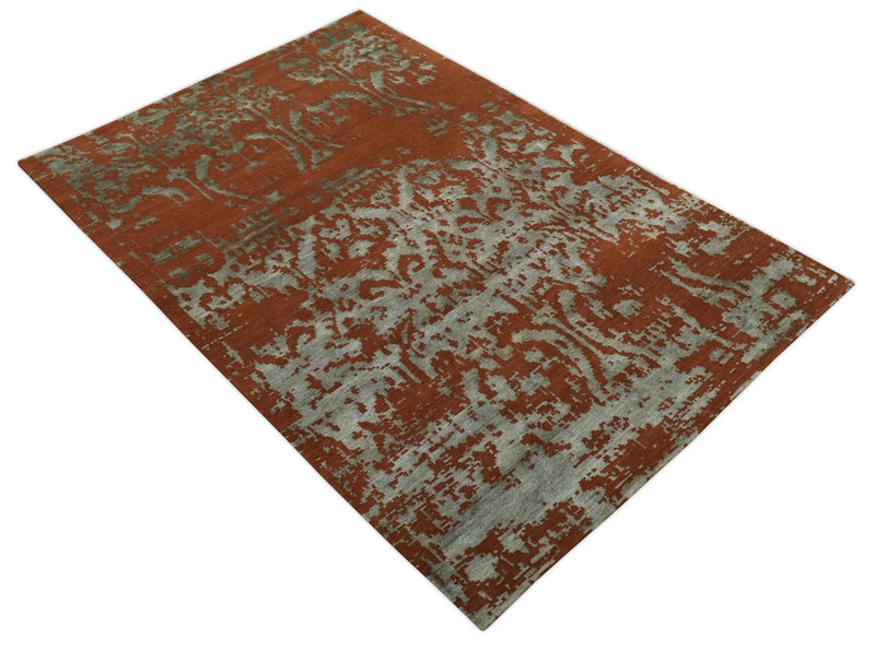 6x9 Rust, Silver and Gray Traditional ikat design Hand loom wool and Viscose Area Rug - The Rug Decor