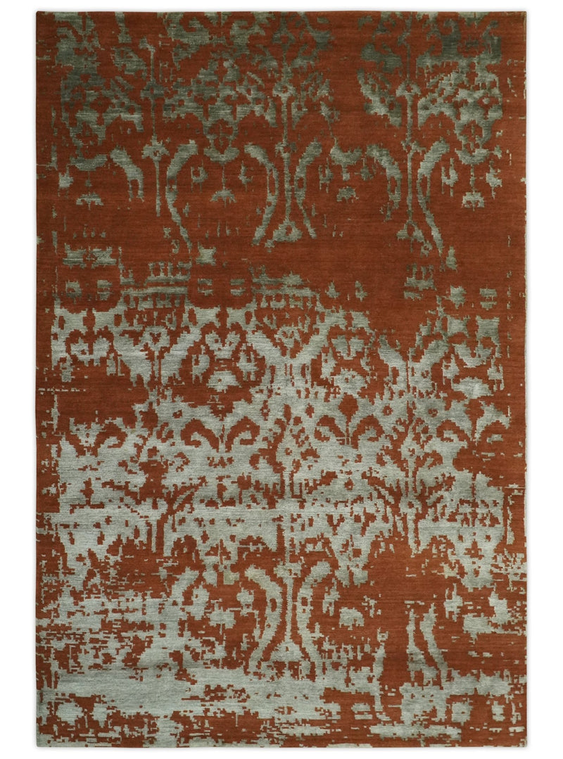 6x9 Rust, Silver and Gray Traditional ikat design Hand loom wool and Viscose Area Rug - The Rug Decor