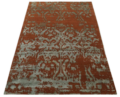 6x9 Rust, Silver and Gray Traditional ikat design Hand loom wool and Viscose Area Rug - The Rug Decor