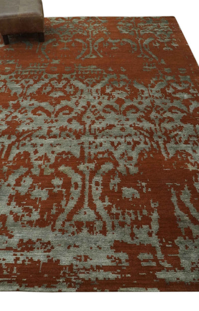 6x9 Rust, Silver and Gray Traditional ikat design Hand loom wool and Viscose Area Rug - The Rug Decor