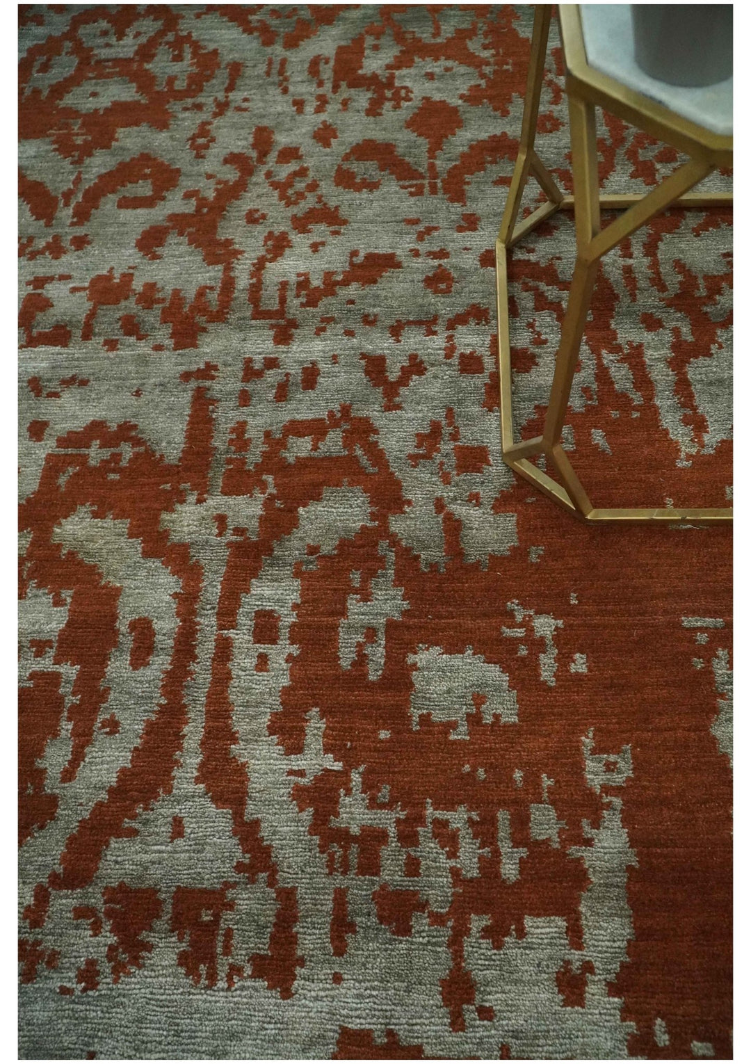6x9 Rust, Silver and Gray Traditional ikat design Hand loom wool and Viscose Area Rug - The Rug Decor
