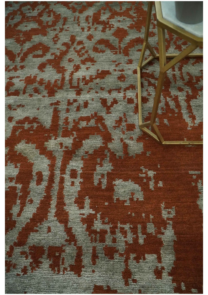 6x9 Rust, Silver and Gray Traditional ikat design Hand loom wool and Viscose Area Rug - The Rug Decor