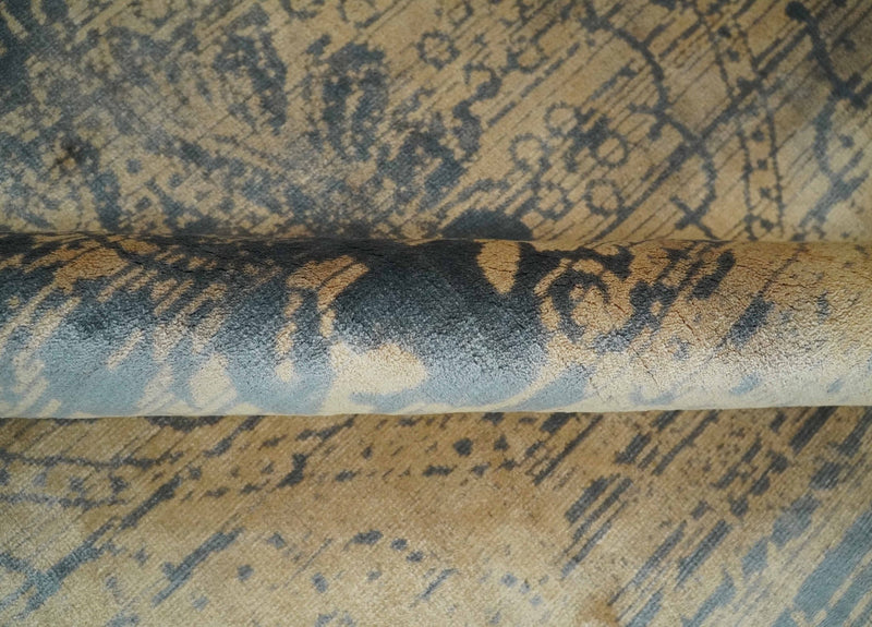7.6x9x10 Charcoal and Gold Modern Ikat Design Handmade Art Silk Area Rug - The Rug Decor