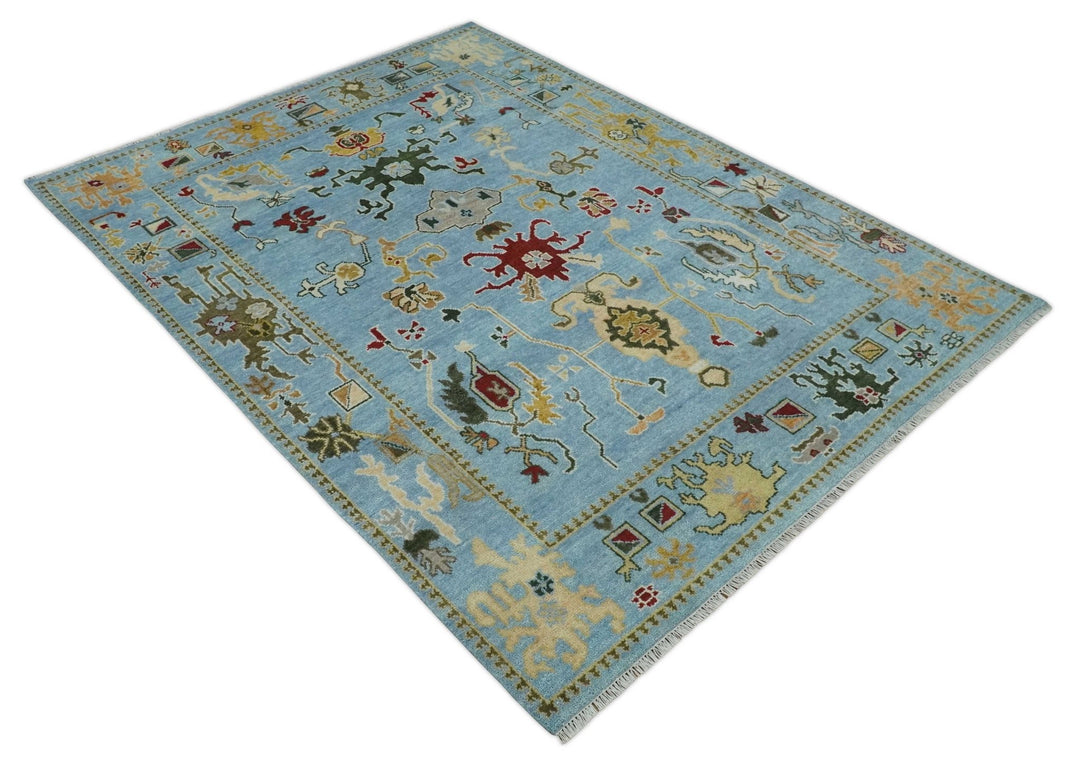 7.7x9.9 hand knotted Blue Vibrant Colorful Traditional Oushak Rug - The Rug Decor