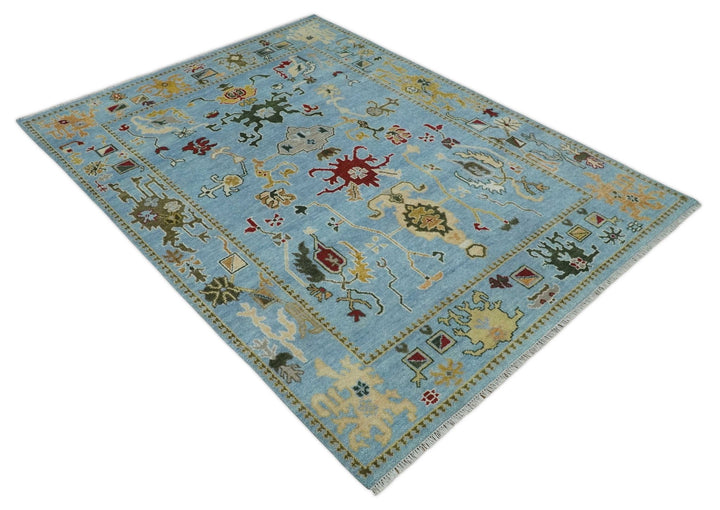 7.7x9.9 hand knotted Blue Vibrant Colorful Traditional Oushak Rug - The Rug Decor