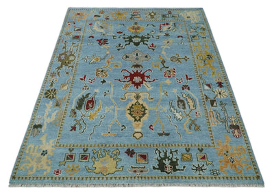 7.7x9.9 hand knotted Blue Vibrant Colorful Traditional Oushak Rug - The Rug Decor