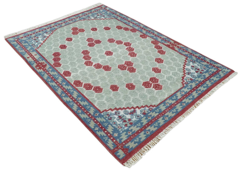 7x10 Hand Knotted Green, Red and Blue Traditional Persian Oushak Wool Rug | AC7710 - The Rug Decor