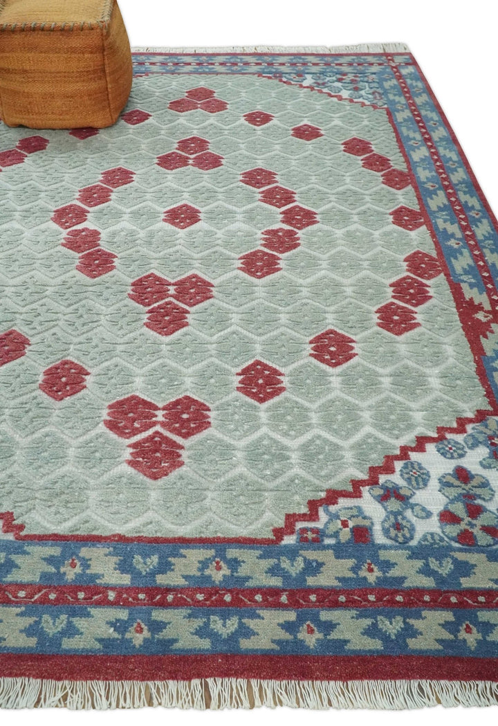 7x10 Hand Knotted Green, Red and Blue Traditional Persian Oushak Wool Rug | AC7710 - The Rug Decor