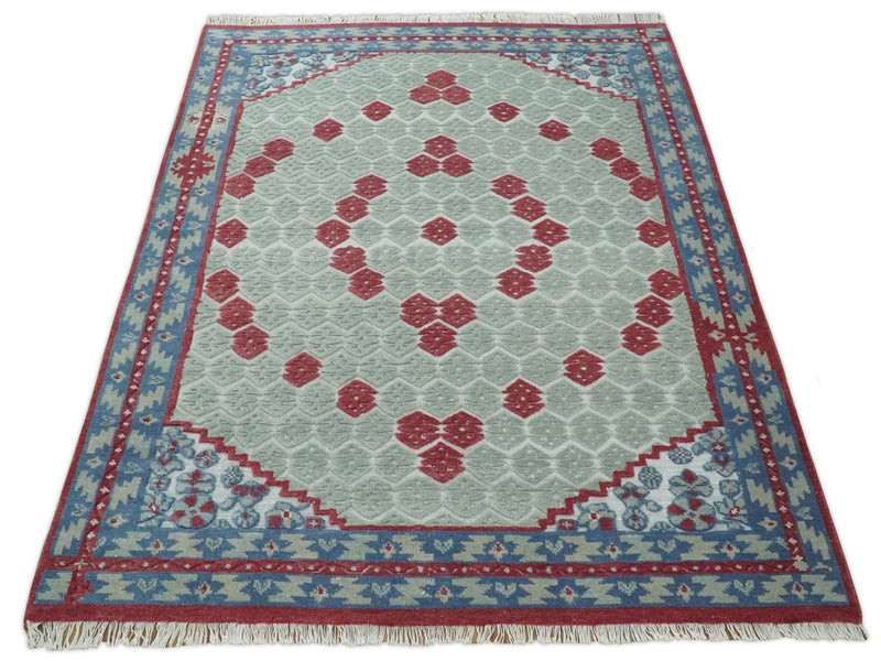 7x10 Hand Knotted Green, Red and Blue Traditional Persian Oushak Wool Rug | AC7710 - The Rug Decor