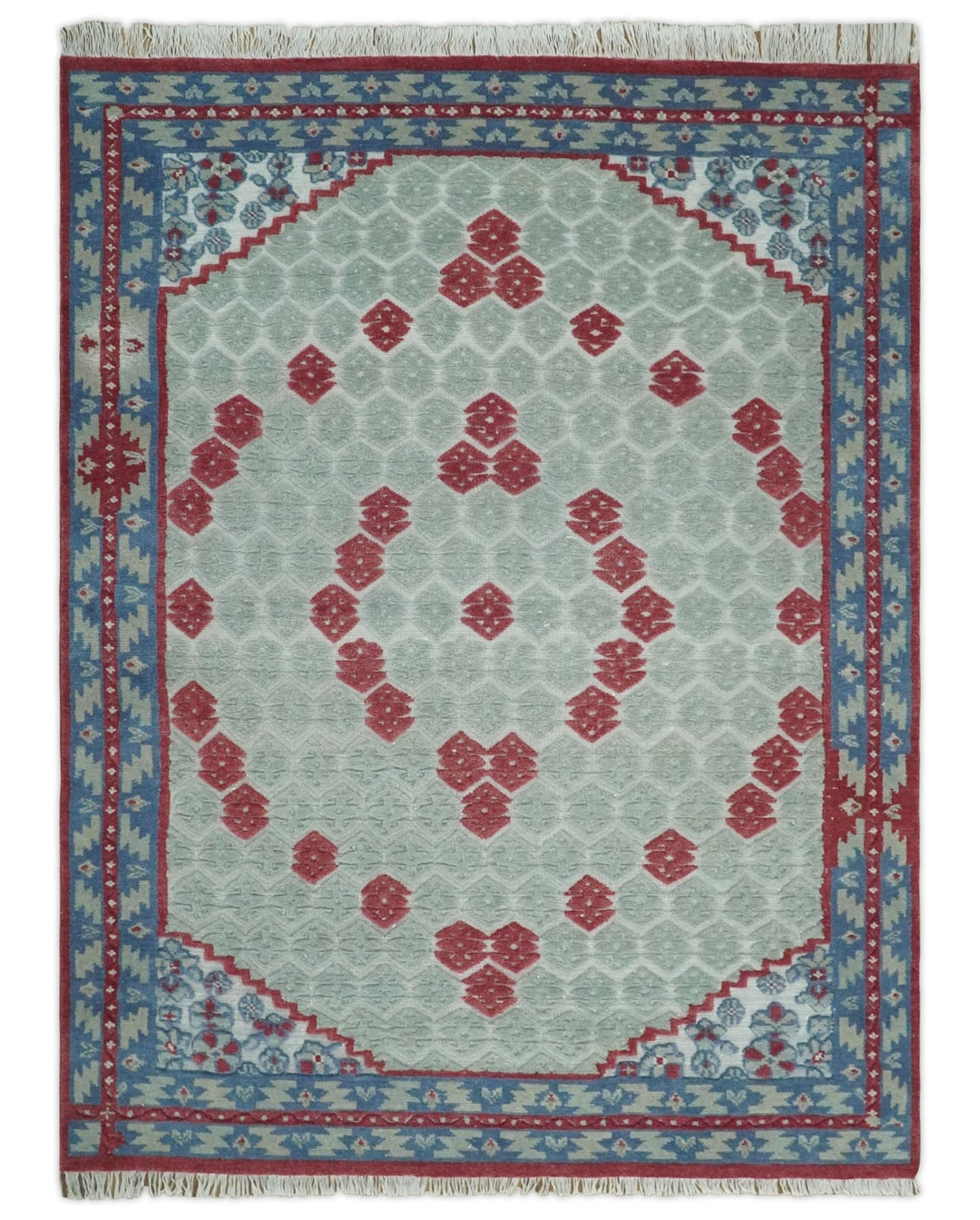 7x10 Hand Knotted Green, Red and Blue Traditional Persian Oushak Wool Rug | AC7710 - The Rug Decor