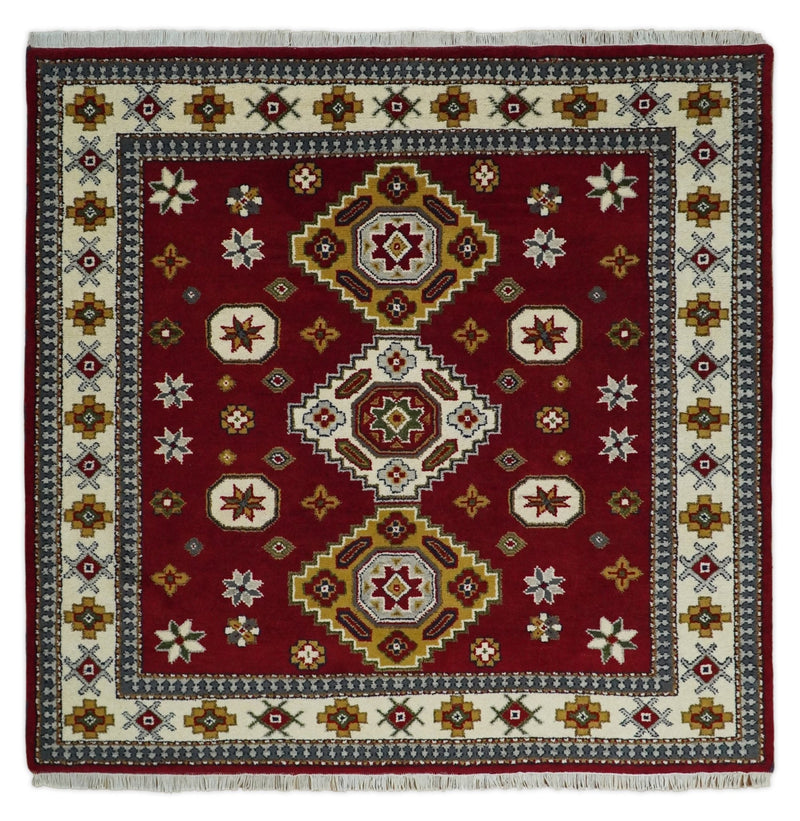 7x7 Sqaure Hand Knotted traditional Kazak Rust and Ivory Traditional Armenian Rug | KZA20 - The Rug Decor
