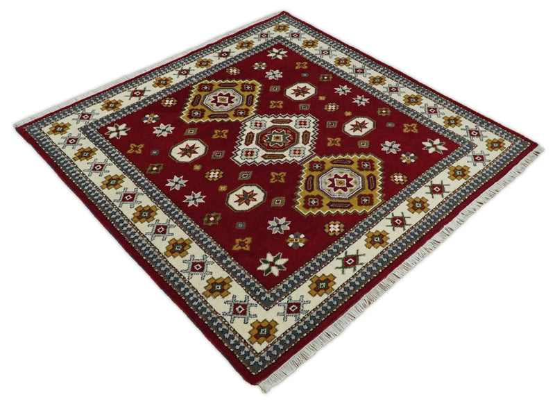 7x7 Sqaure Hand Knotted traditional Kazak Rust and Ivory Traditional Armenian Rug | KZA20 - The Rug Decor