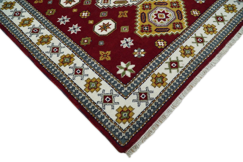 7x7 Square Hand Knotted Antique Kazak Red and Ivory Traditional Tribal Armenian Rug | KZA17 - The Rug Decor