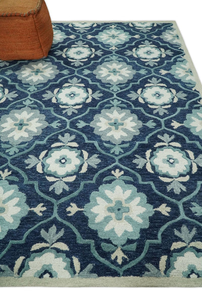 7x9 Hand Tufted Blue and Ivory Modern Floral Wool Loop Area Rug | TRDMA1 - The Rug Decor