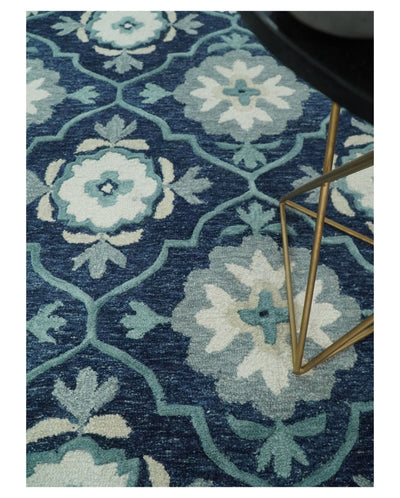 7x9 Hand Tufted Blue and Ivory Modern Floral Wool Loop Area Rug | TRDMA1 - The Rug Decor