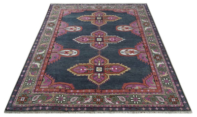 8.3x9.10 Hand Knotted Charcoal, Silver and Pink Traditional Heriz Wool Area Rug - The Rug Decor