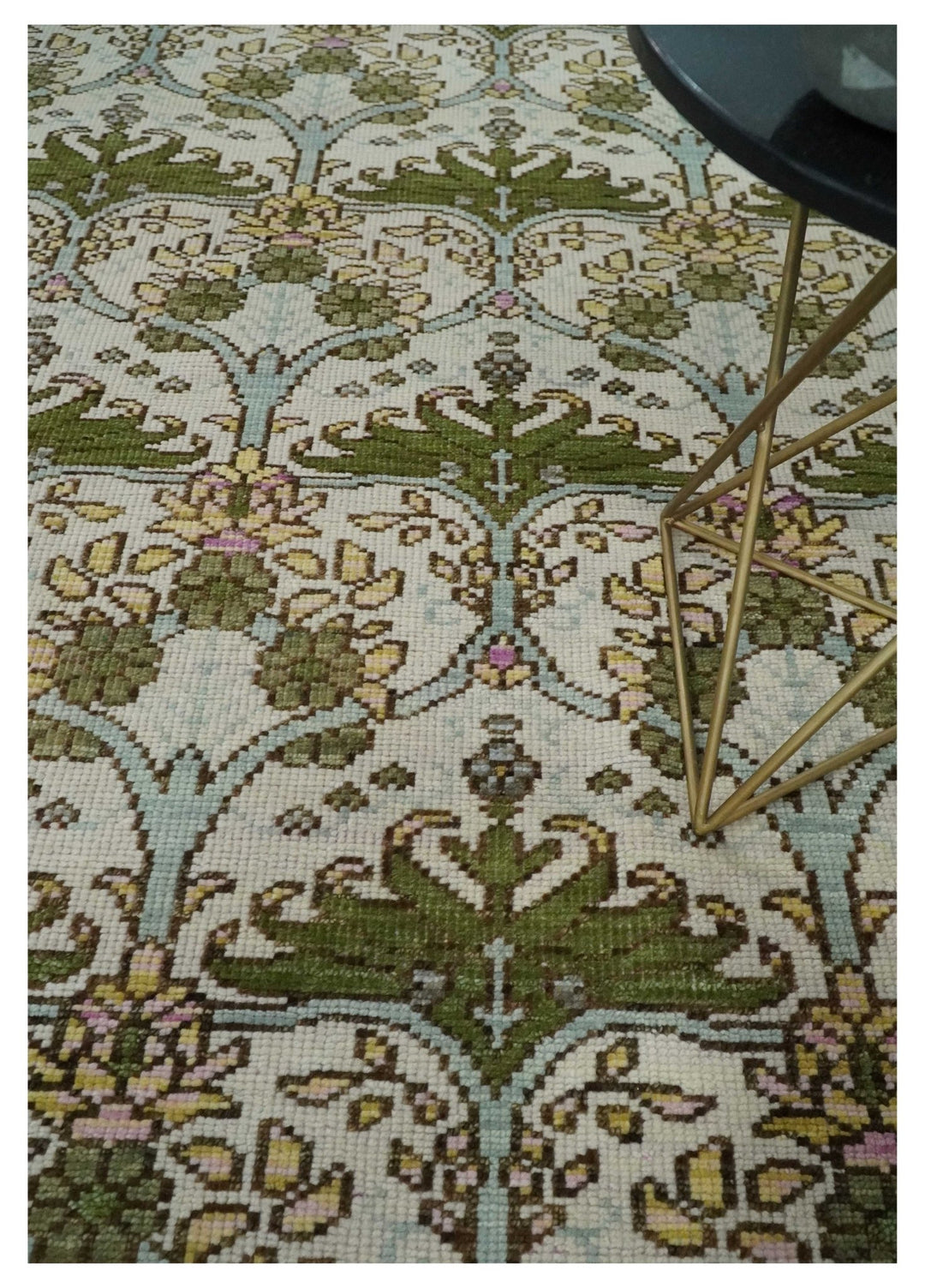 8.6x10 Hand Knotted Ivory and Green Floral Traditional Antique Style Wool Area Rug - The Rug Decor