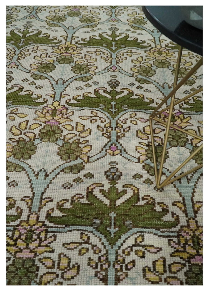 8.6x10 Hand Knotted Ivory and Green Floral Traditional Antique Style Wool Area Rug - The Rug Decor