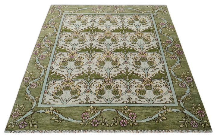 8.6x10 Hand Knotted Ivory and Green Floral Traditional Antique Style Wool Area Rug - The Rug Decor