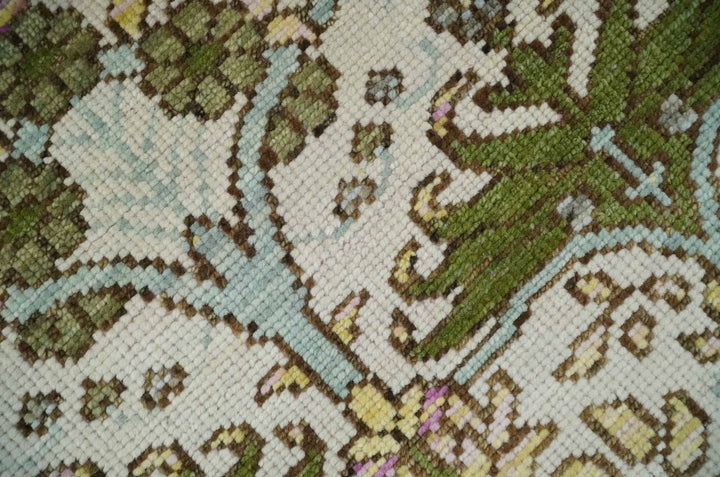 8.6x10 Hand Knotted Ivory and Green Floral Traditional Antique Style Wool Area Rug - The Rug Decor