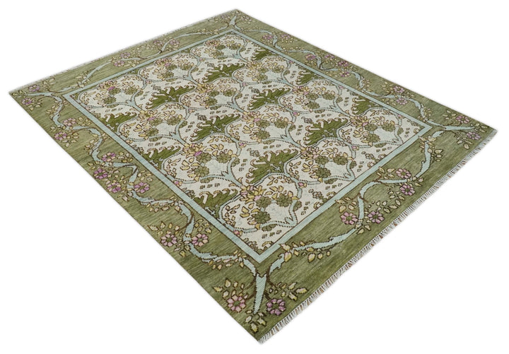 8.6x10 Hand Knotted Ivory and Green Floral Traditional Antique Style Wool Area Rug - The Rug Decor