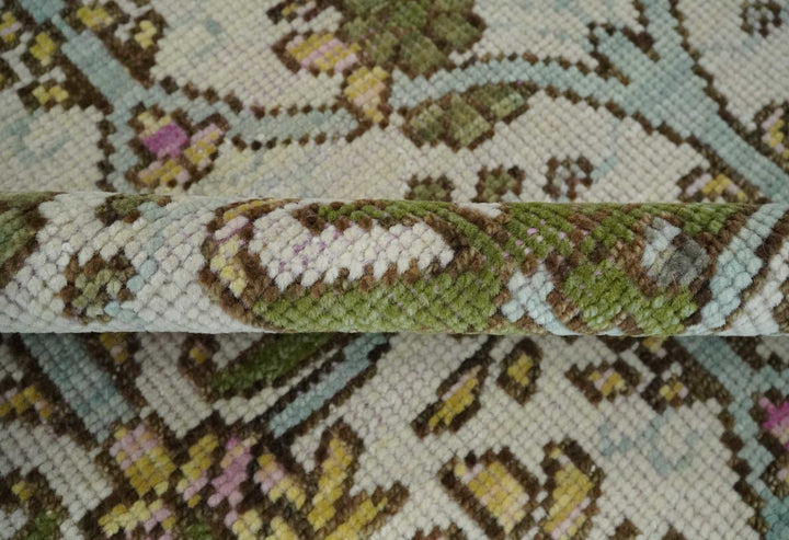 8.6x10 Hand Knotted Ivory and Green Floral Traditional Antique Style Wool Area Rug - The Rug Decor