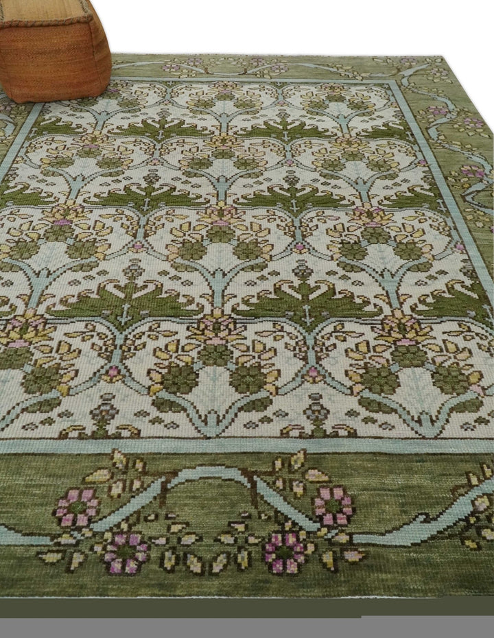 8.6x10 Hand Knotted Ivory and Green Floral Traditional Antique Style Wool Area Rug - The Rug Decor