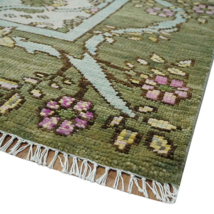 8.6x10 Hand Knotted Ivory and Green Floral Traditional Antique Style Wool Area Rug - The Rug Decor