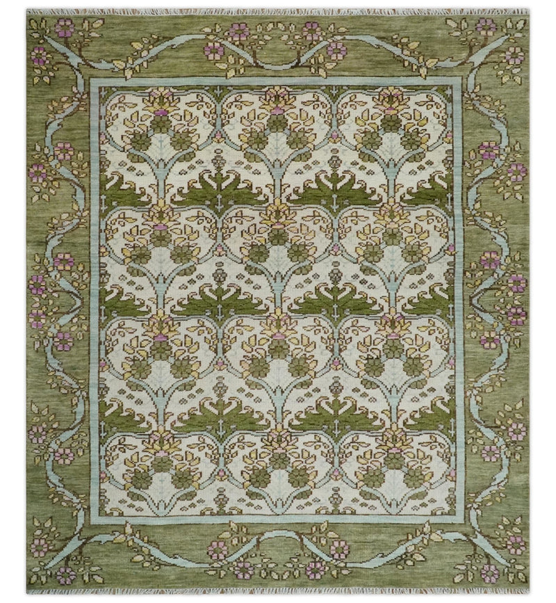 8.6x10 Hand Knotted Ivory and Green Floral Traditional Antique Style Wool Area Rug - The Rug Decor