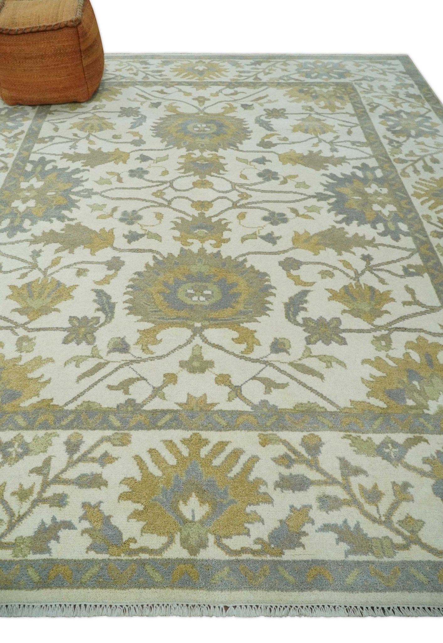 8.6x10 Ivory, Beige and Charcoal Hand Knotted Heriz Serapi Floral Area Rug | TRDCP1186810 - The Rug Decor