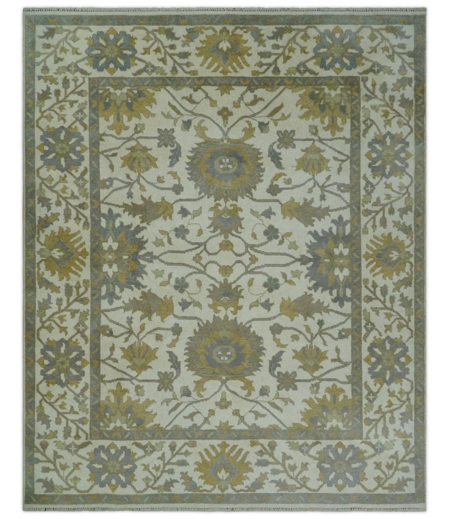 8.6x10 Ivory, Beige and Charcoal Hand Knotted Heriz Serapi Floral Area Rug | TRDCP1186810 - The Rug Decor