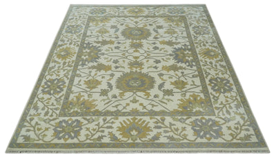 8.6x10 Ivory, Beige and Charcoal Hand Knotted Heriz Serapi Floral Area Rug | TRDCP1186810 - The Rug Decor
