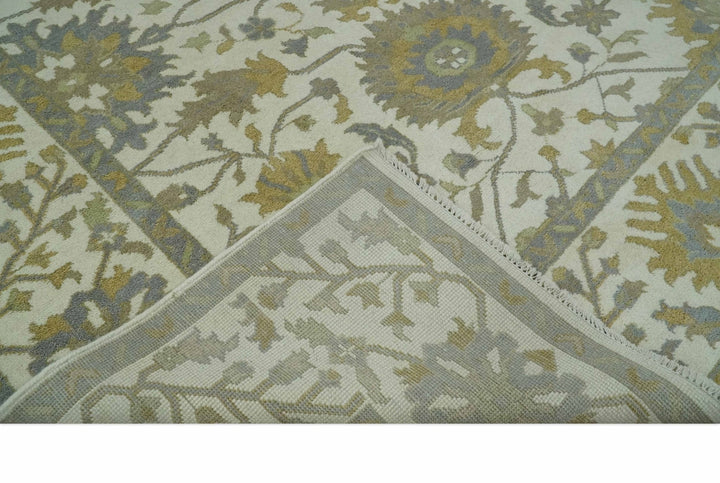 8.6x10 Ivory, Beige and Charcoal Hand Knotted Heriz Serapi Floral Area Rug | TRDCP1186810 - The Rug Decor