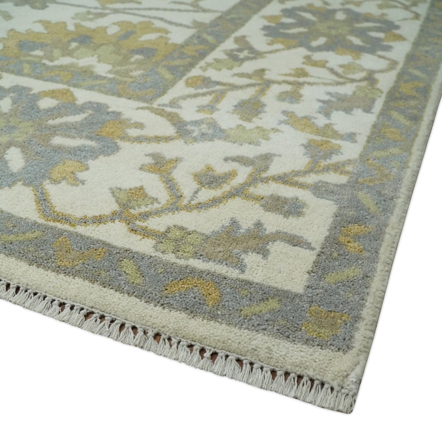 8.6x10 Ivory, Beige and Charcoal Hand Knotted Heriz Serapi Floral Area Rug | TRDCP1186810 - The Rug Decor