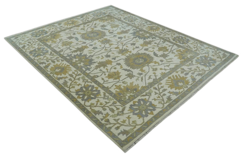 8.6x10 Ivory, Beige and Charcoal Hand Knotted Heriz Serapi Floral Area Rug | TRDCP1186810 - The Rug Decor