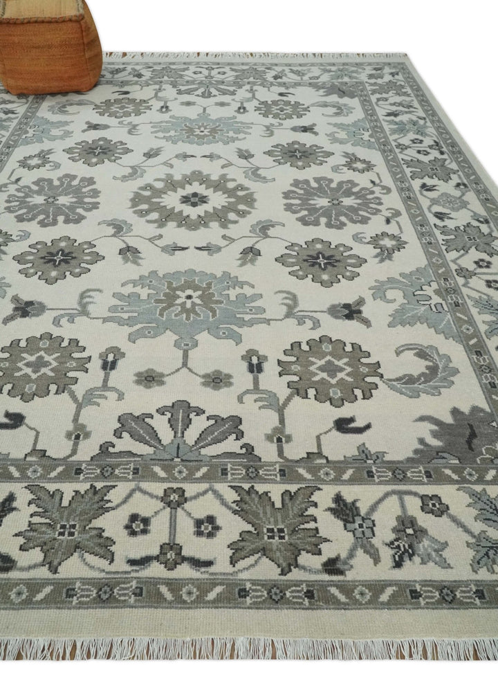 8.6x12 Traditional Ivory and Taupe Antique Style Hand knotted Traditional Wool Area Rug | AC408612 - The Rug Decor
