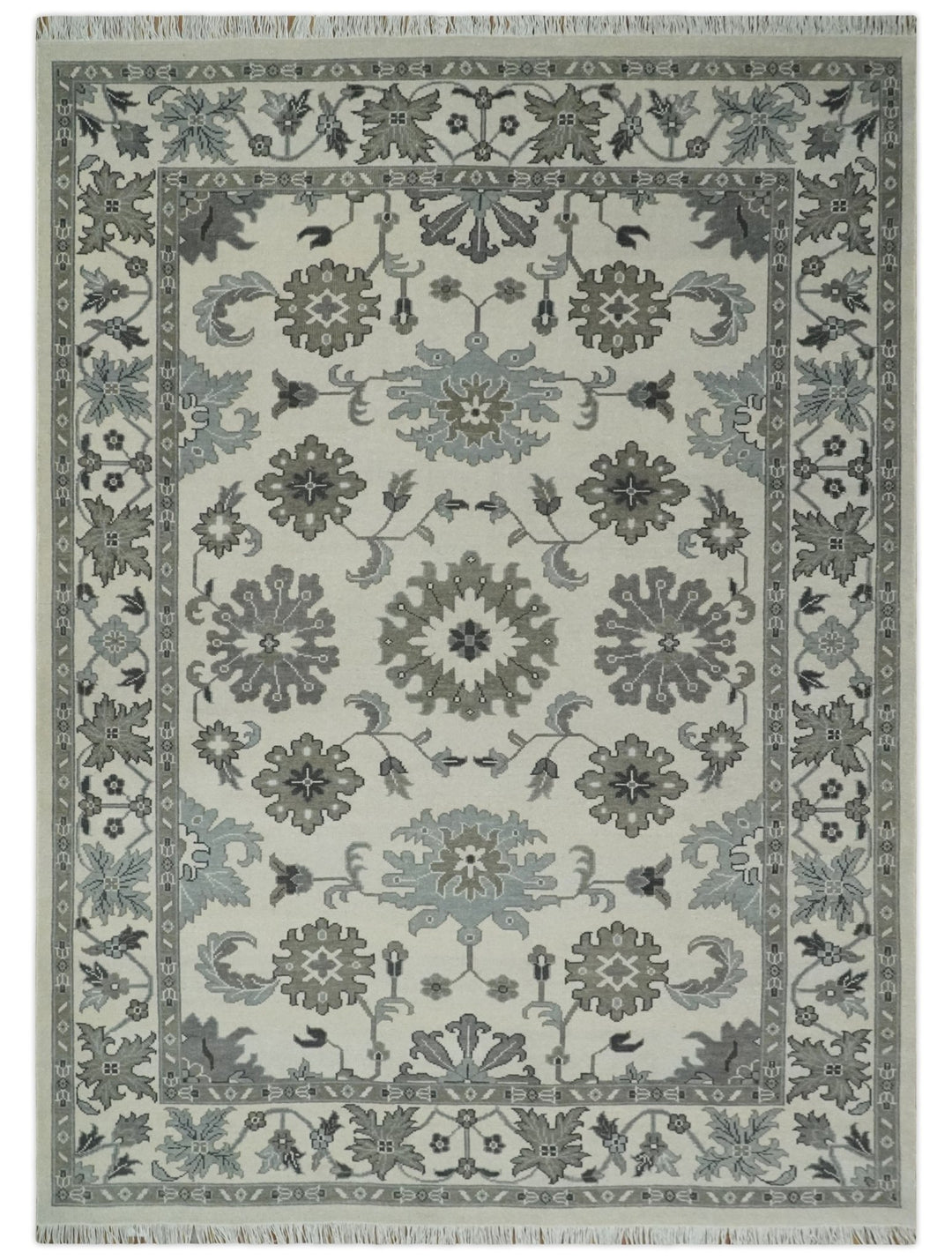 8.6x12 Traditional Ivory and Taupe Antique Style Hand knotted Traditional Wool Area Rug | AC408612 - The Rug Decor