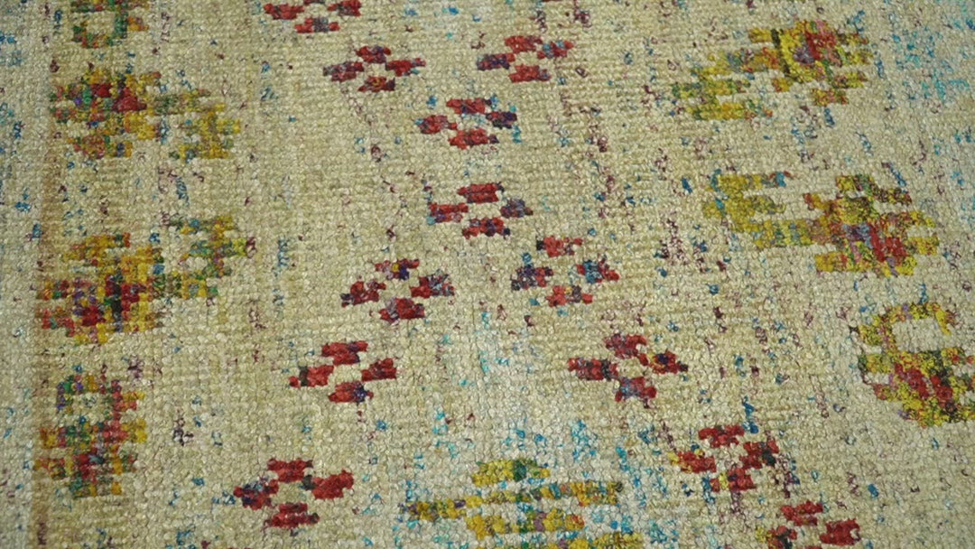 8x10 Hand Knotted Beige, Blue and Rust  Persian made of Recycled Silk Area Rug | OP19