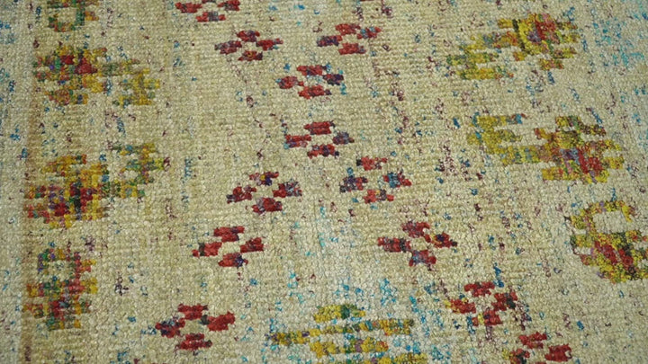 8x10 Hand Knotted Beige, Blue and Rust  Persian made of Recycled Silk Area Rug | OP19