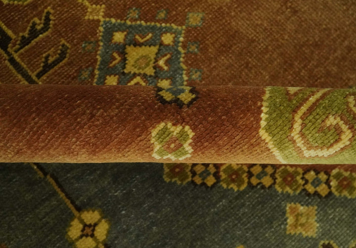 8.8x11.9 Rust, Gold and Blue Heriz Traditional Vintage Style Antique Look Hand Knotted Wool Area Rug - The Rug Decor