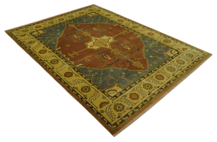 8.8x11.9 Rust, Gold and Blue Heriz Traditional Vintage Style Antique Look Hand Knotted Wool Area Rug - The Rug Decor
