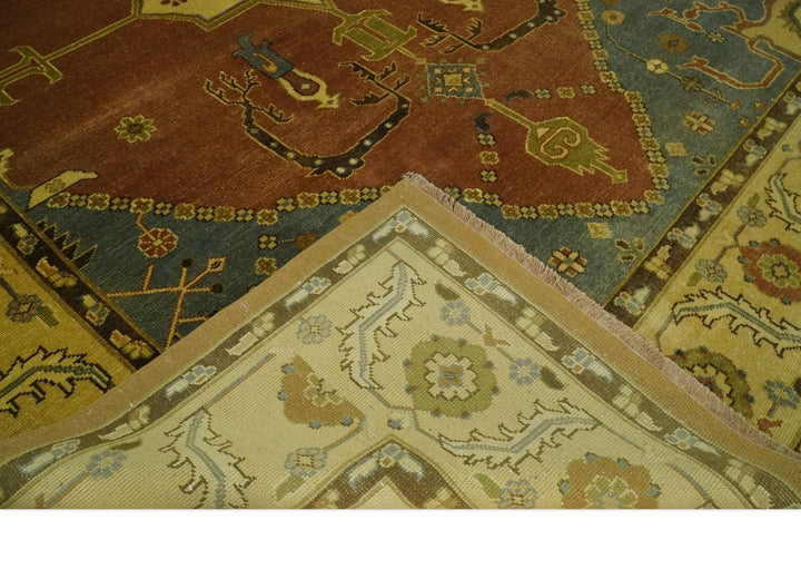 8.8x11.9 Rust, Gold and Blue Heriz Traditional Vintage Style Antique Look Hand Knotted Wool Area Rug - The Rug Decor