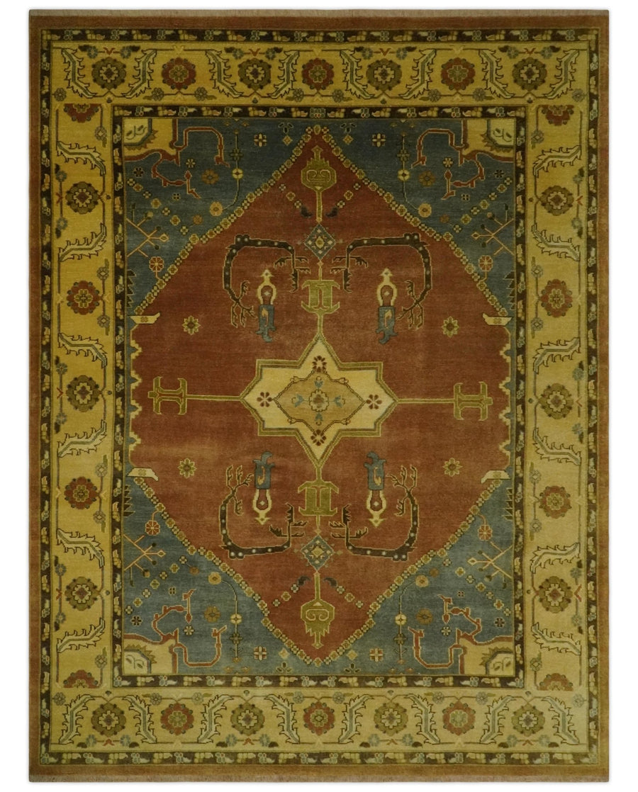 8.8x11.9 Rust, Gold and Blue Heriz Traditional Vintage Style Antique Look Hand Knotted Wool Area Rug - The Rug Decor