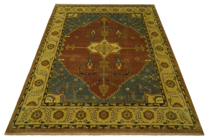 8.8x11.9 Rust, Gold and Blue Heriz Traditional Vintage Style Antique Look Hand Knotted Wool Area Rug - The Rug Decor
